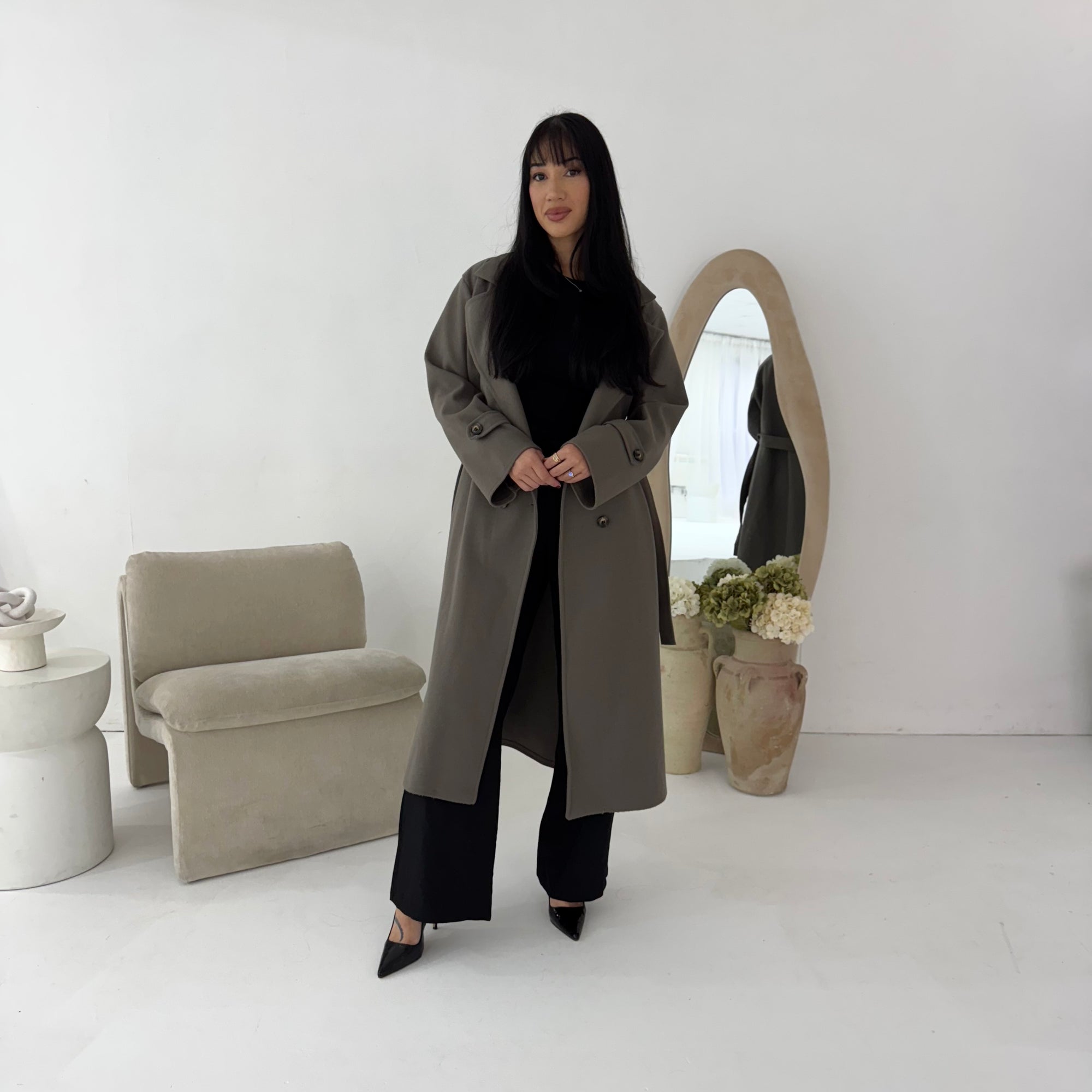 Kaira Mocha Collar Buttoned Belted Coat