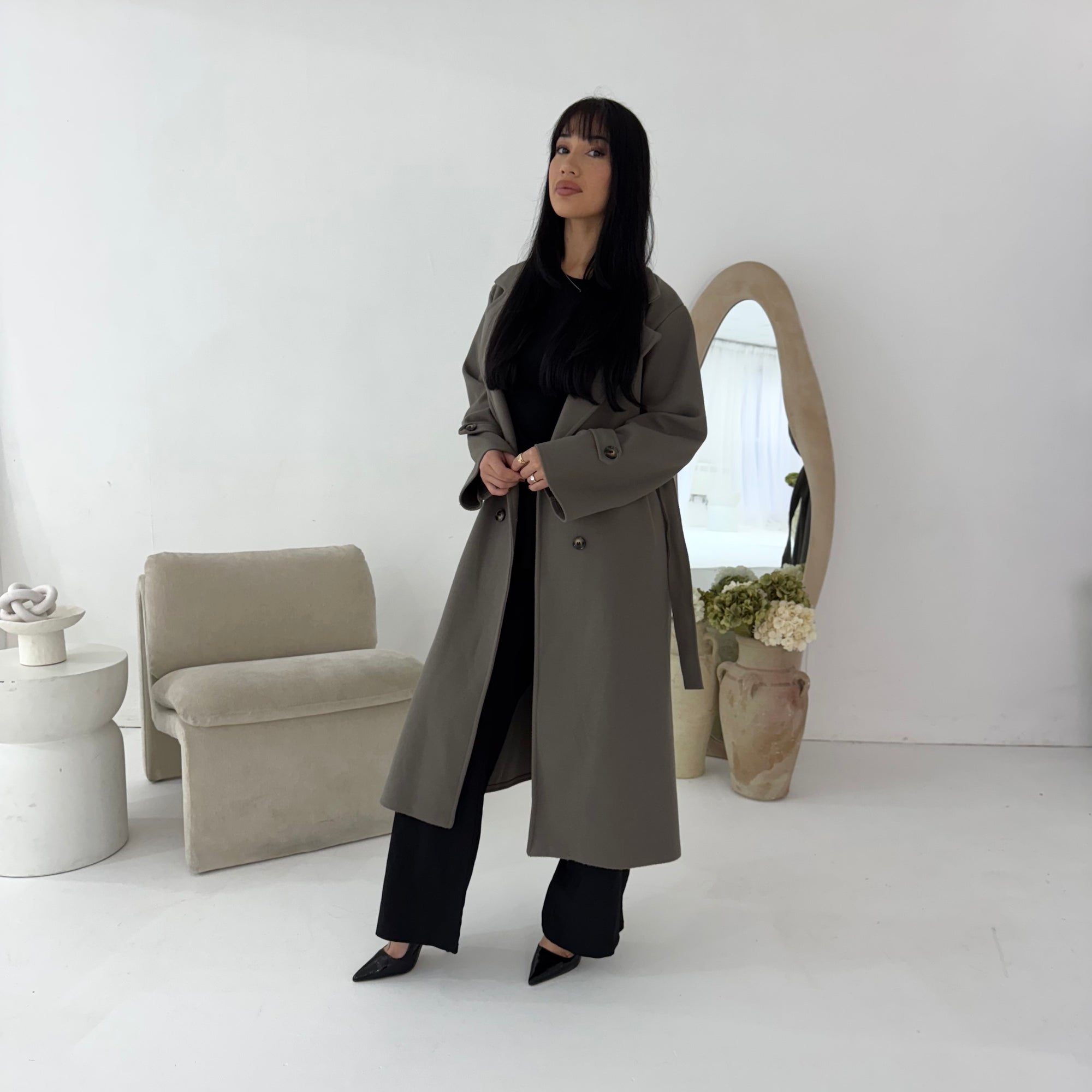 Kaira Mocha Collar Buttoned Belted Coat