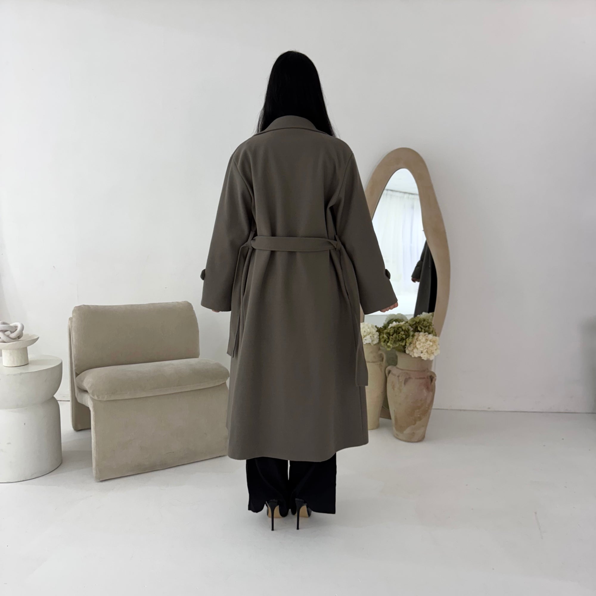 Kaira Mocha Collar Buttoned Belted Coat