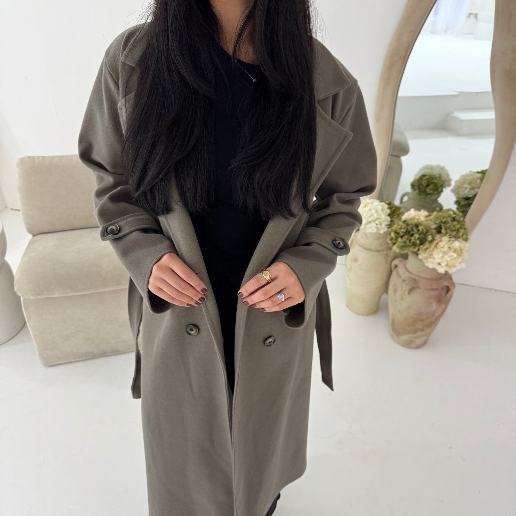 Kaira Mocha Collar Buttoned Belted Coat