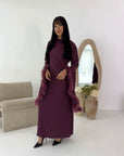 Sonya Plum Extreme Flare Fur Sleeve Tie Back Dress