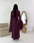 Sonya Plum Extreme Flare Fur Sleeve Tie Back Dress
