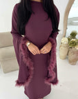 Sonya Plum Extreme Flare Fur Sleeve Tie Back Dress