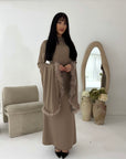 Sonya Mocha Extreme Flare Fur Sleeve Tie Back Dress