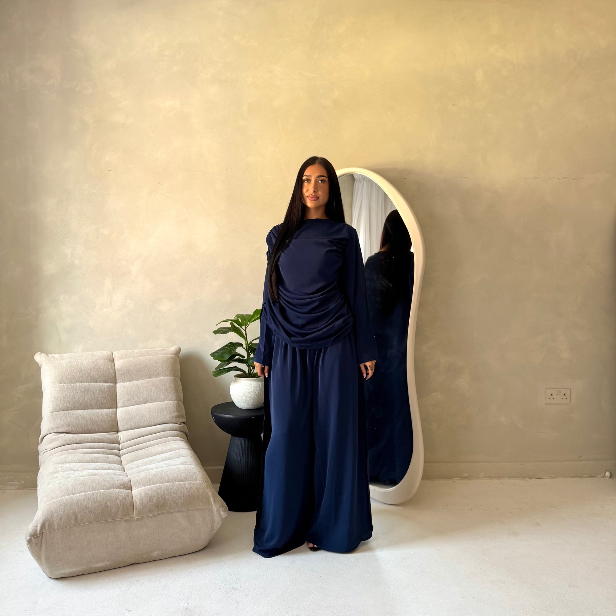 Maliha Navy Plain Drape Cape Top Trouser Co Ord Set