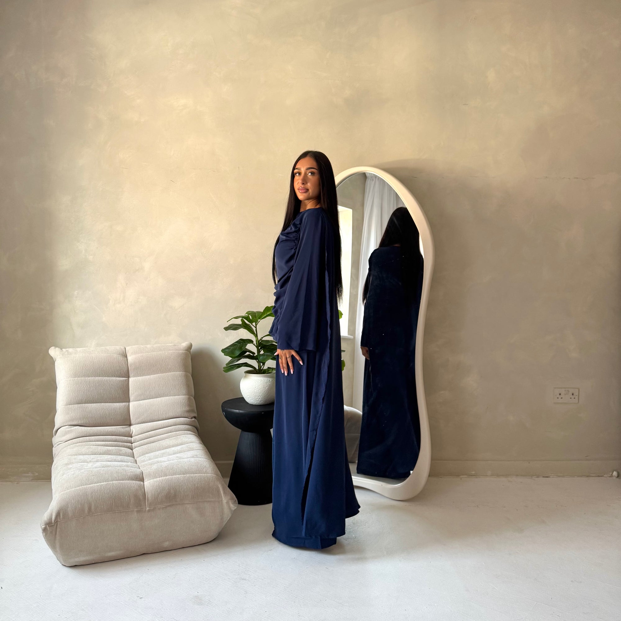 Maliha Navy Plain Drape Cape Top Trouser Co Ord Set