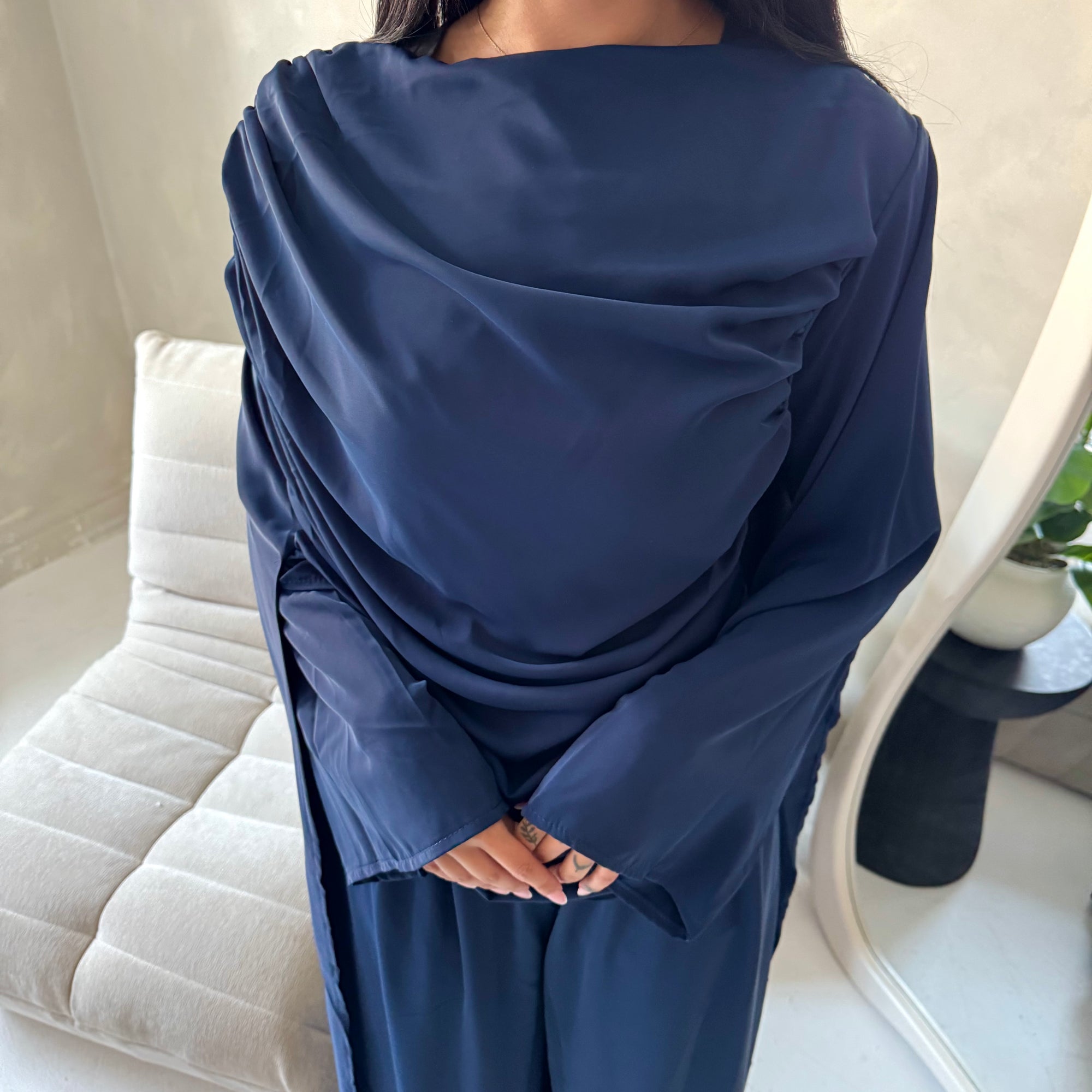 Maliha Navy Plain Drape Cape Top Trouser Co Ord Set