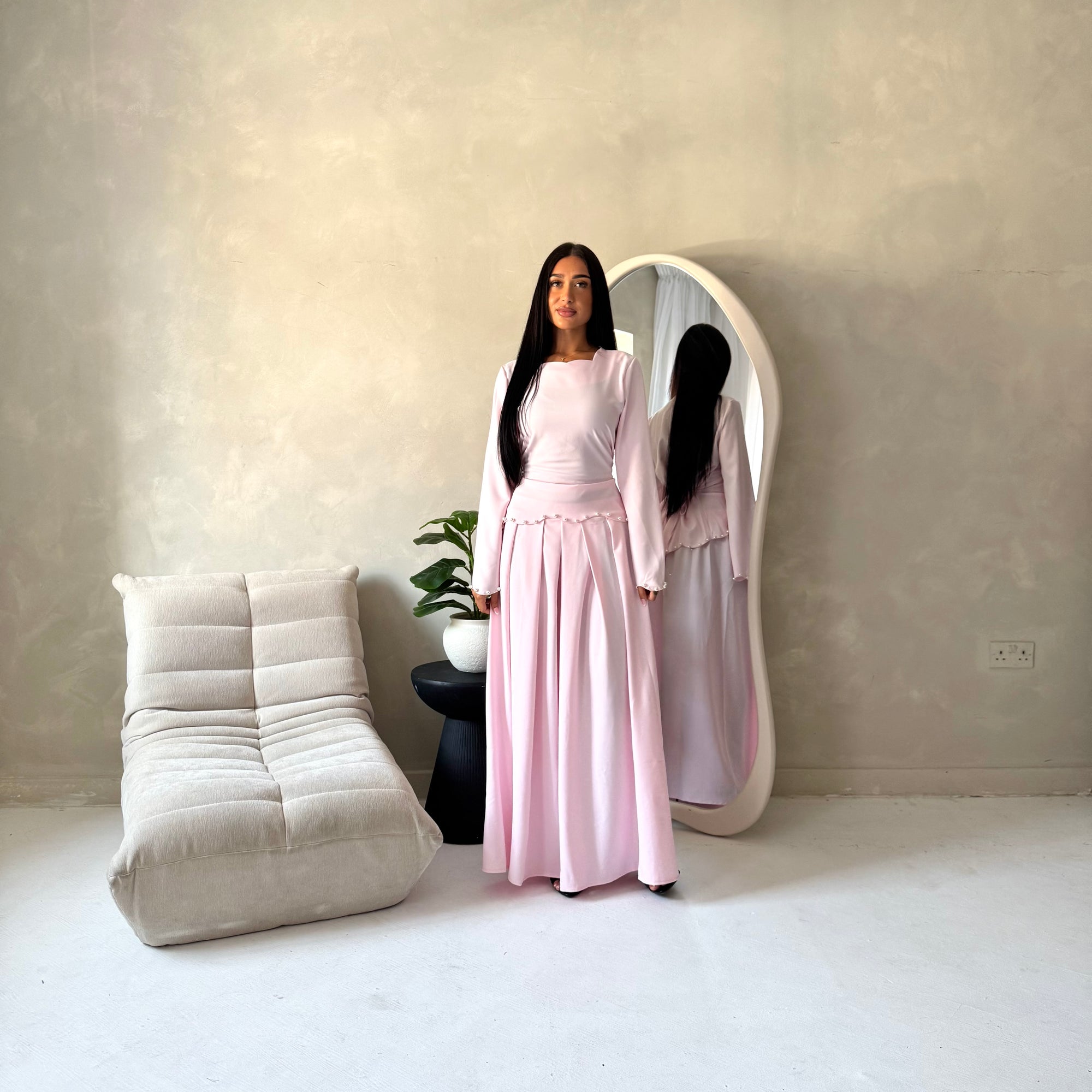 Raia Light Pink Pearl Detail Modest Skirt Co Ord