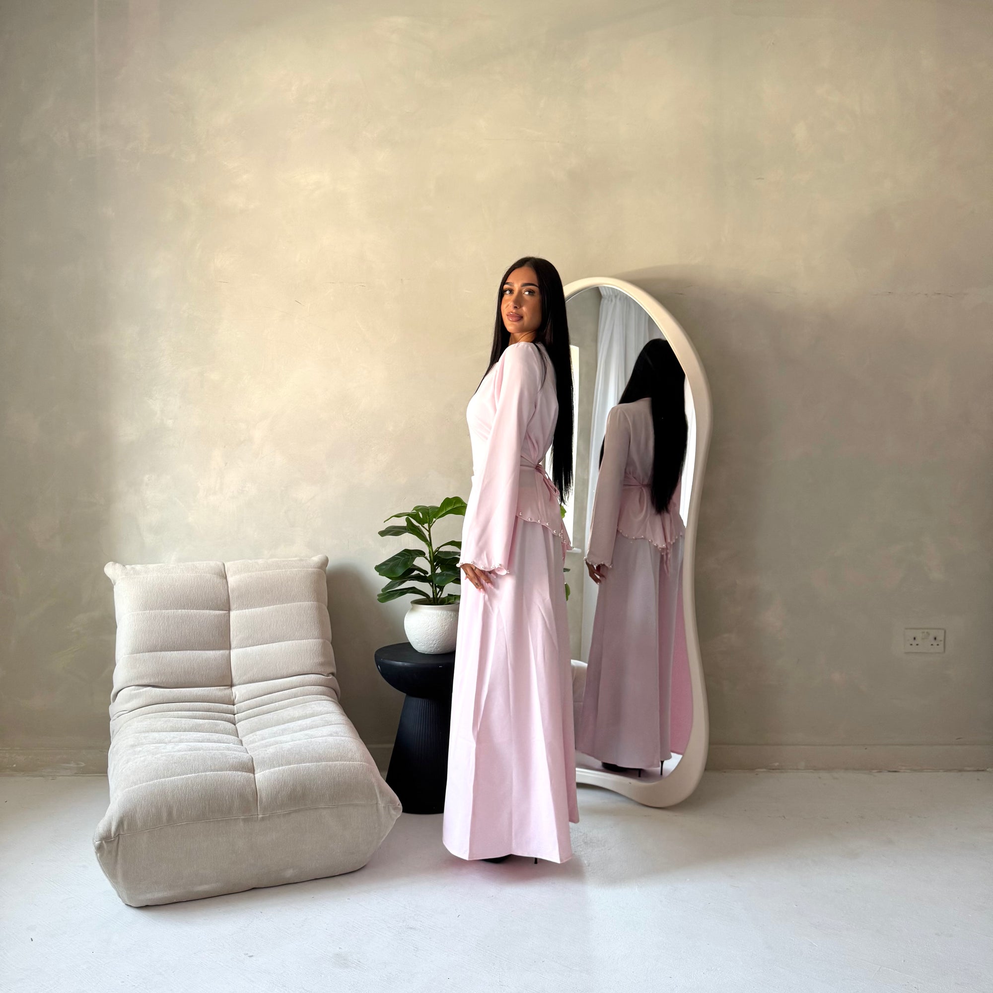 Raia Light Pink Pearl Detail Modest Skirt Co Ord