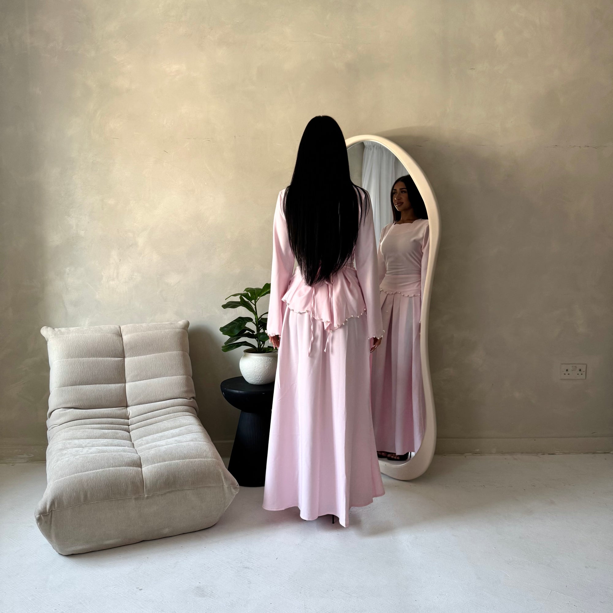 Raia Light Pink Pearl Detail Modest Skirt Co Ord