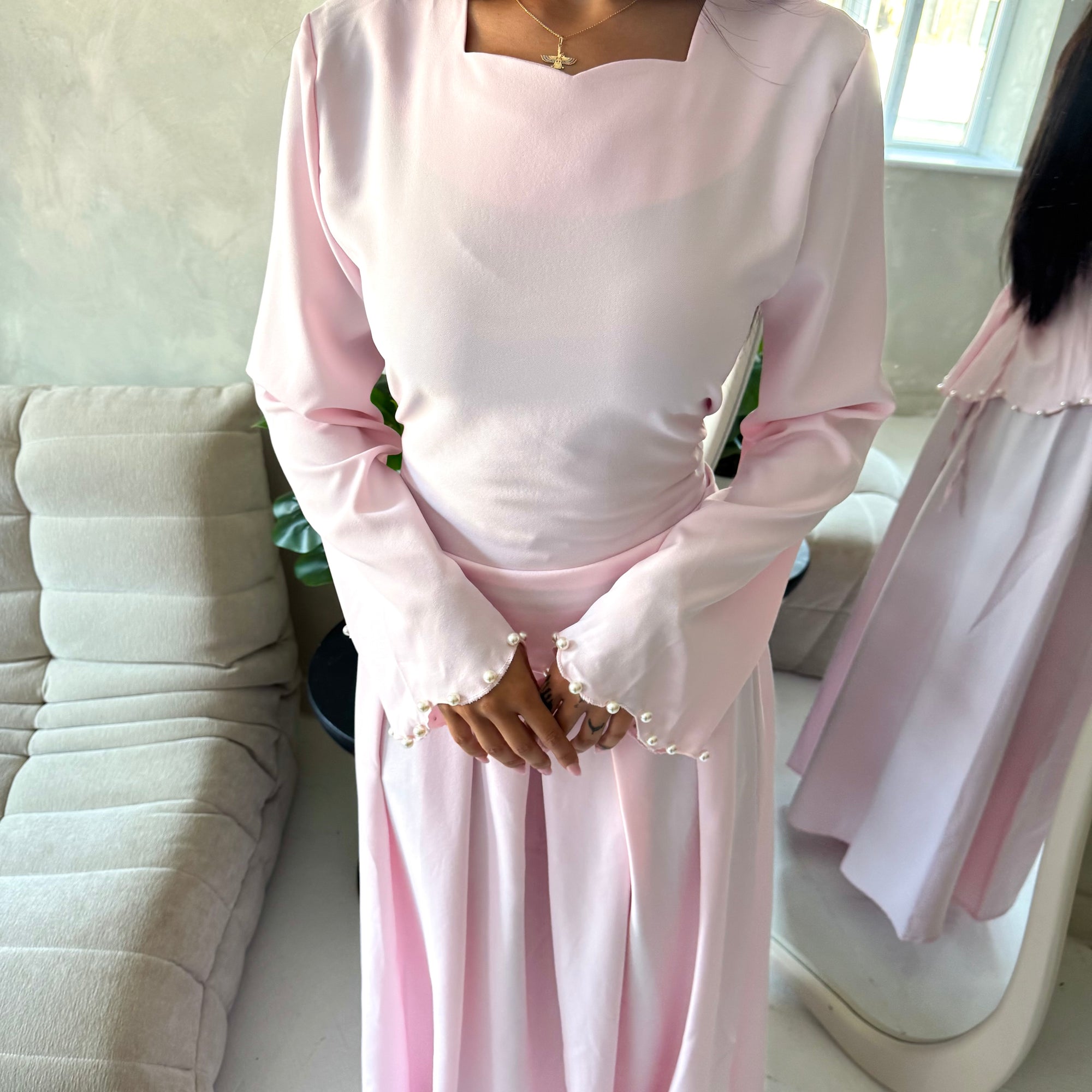 Raia Light Pink Pearl Detail Modest Skirt Co Ord