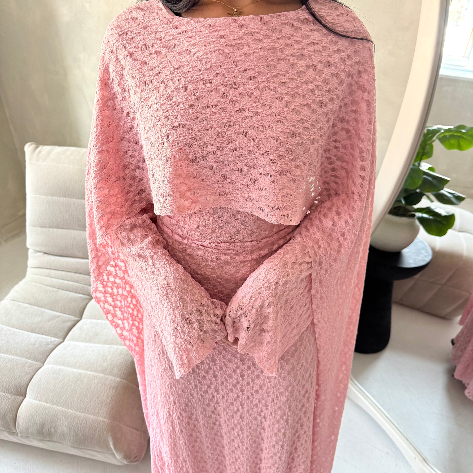 Malika Pink Lace Detail Cape Tie Back Dress