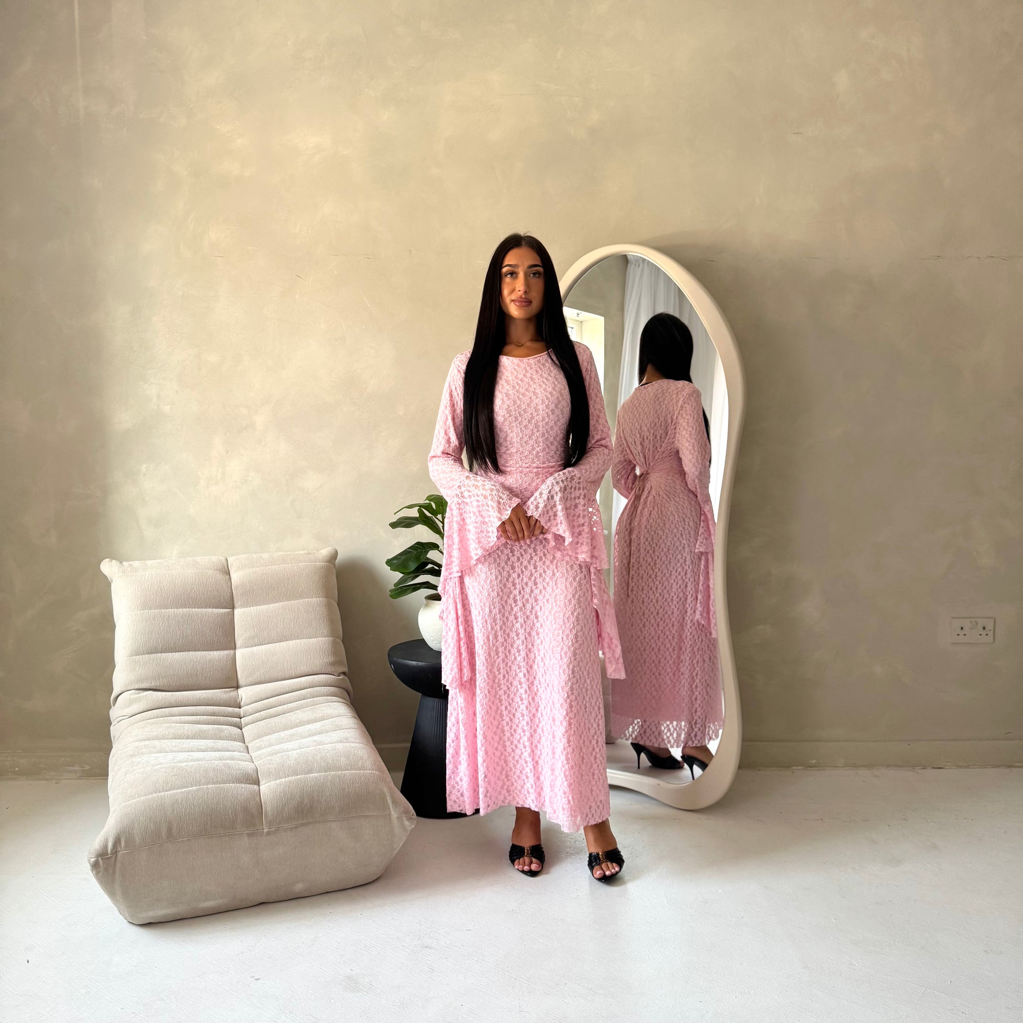 Viva Pink Mesh Floral Extreme Flare Sleeve Dress