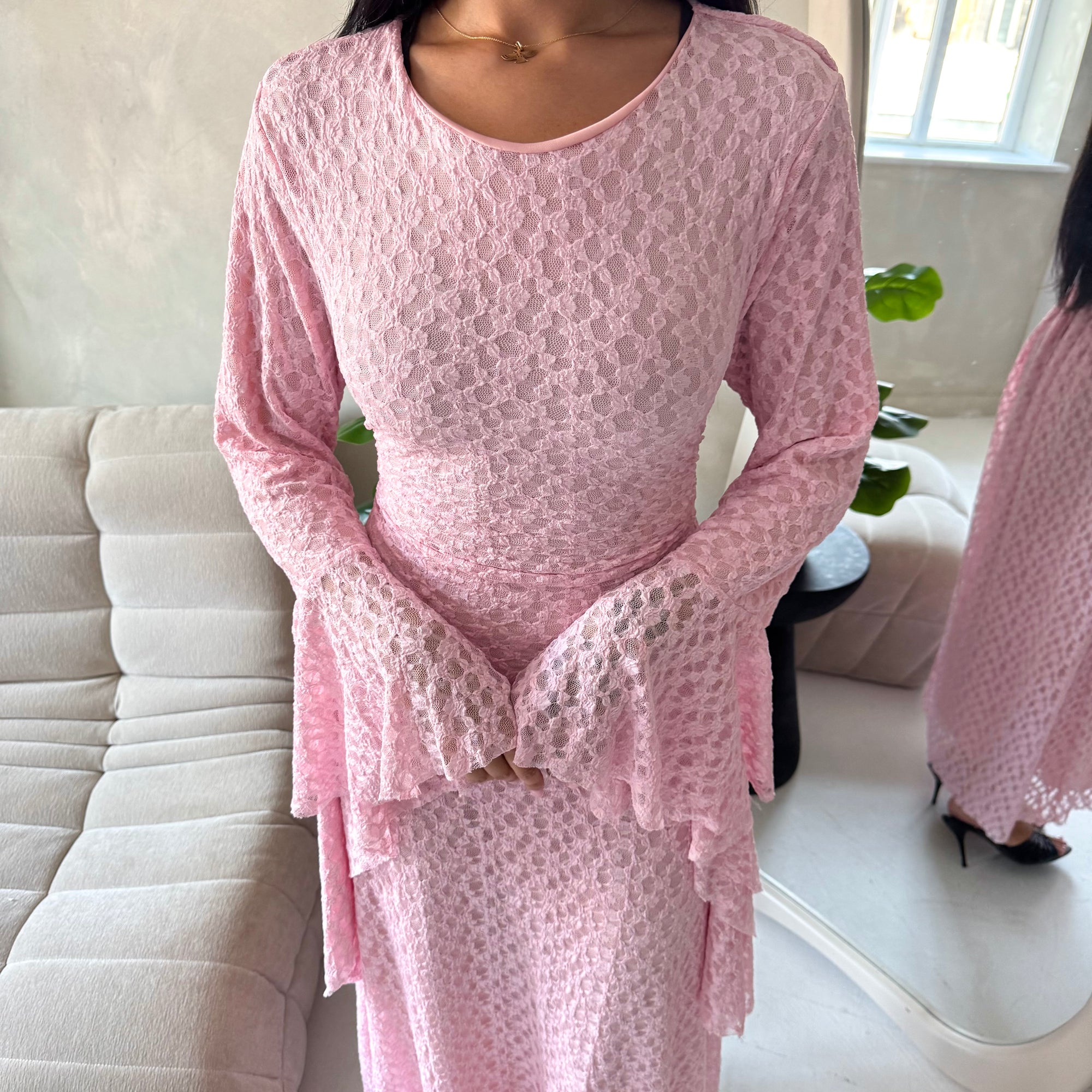 Viva Pink Mesh Floral Extreme Flare Sleeve Dress
