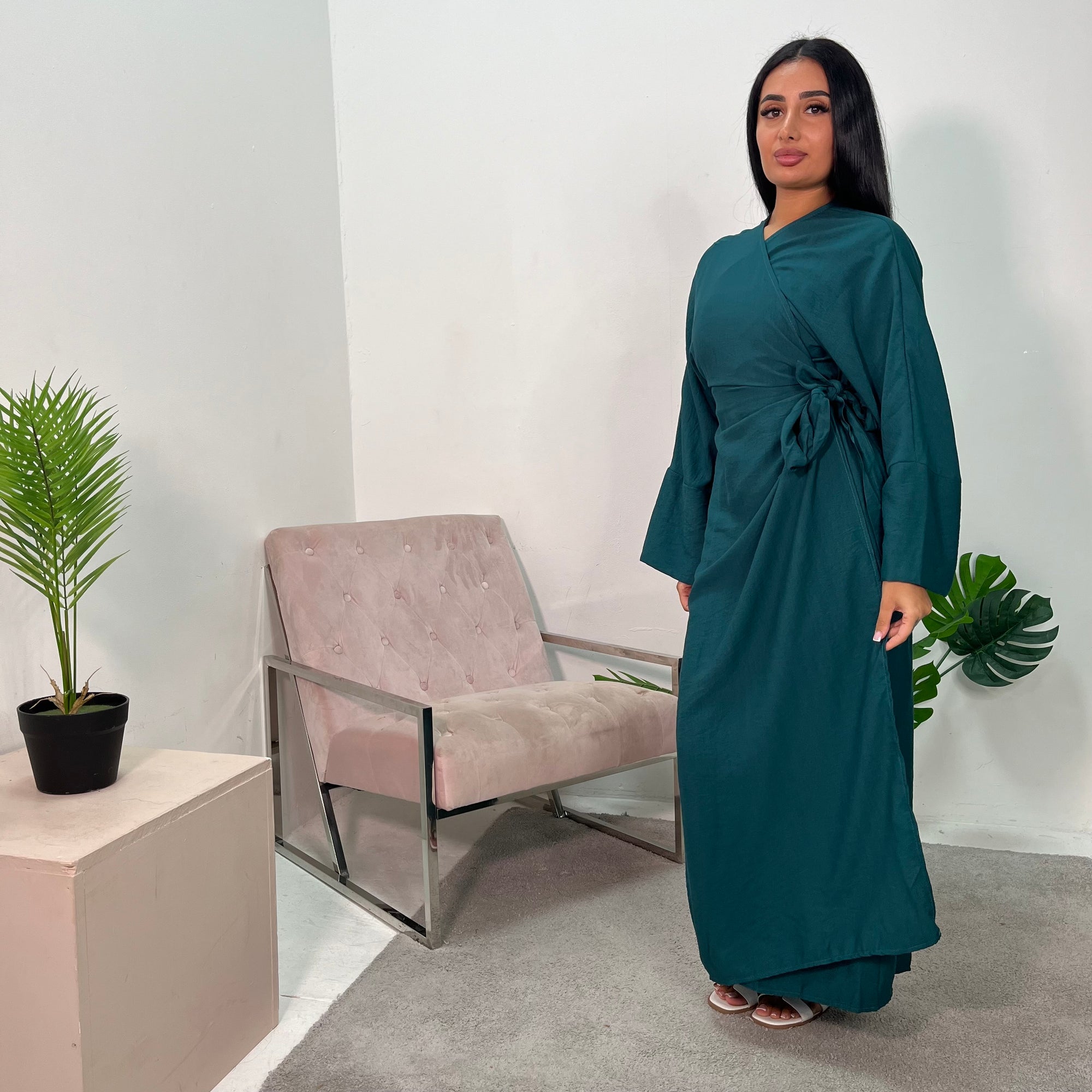 Levani Emerald Green Wrap Tie Modest Dress