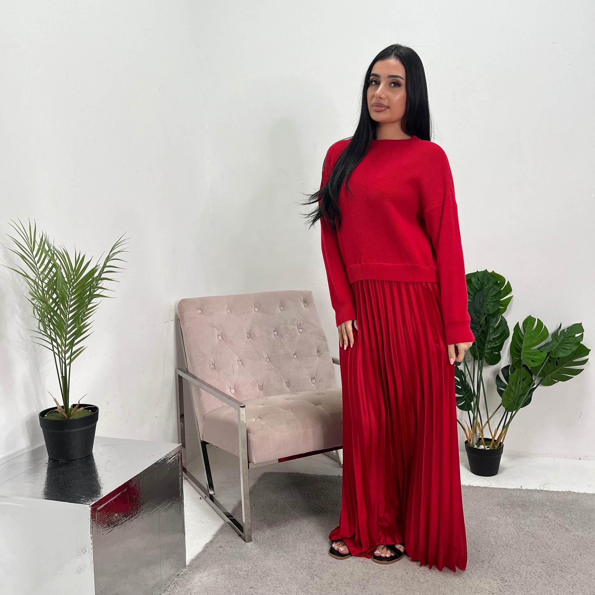 jumper dress pleated skirt Hima Khaki Pleated Skirt And Knitted Jumper Dress House Of Haniya