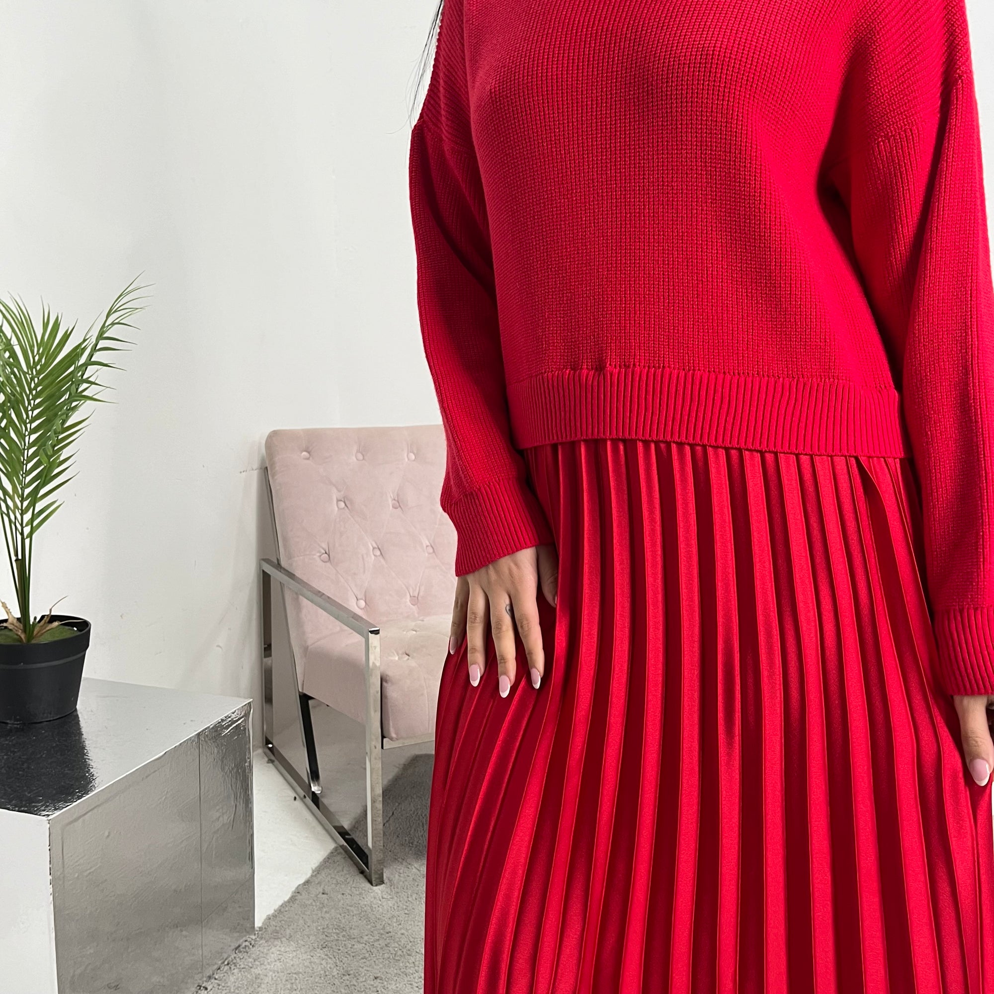 Hima Red Pleated Skirt And Knitted Jumper Dress House Of Haniya Hima Red Pleated Skirt And Knitted Jumper Dress House Of Haniya