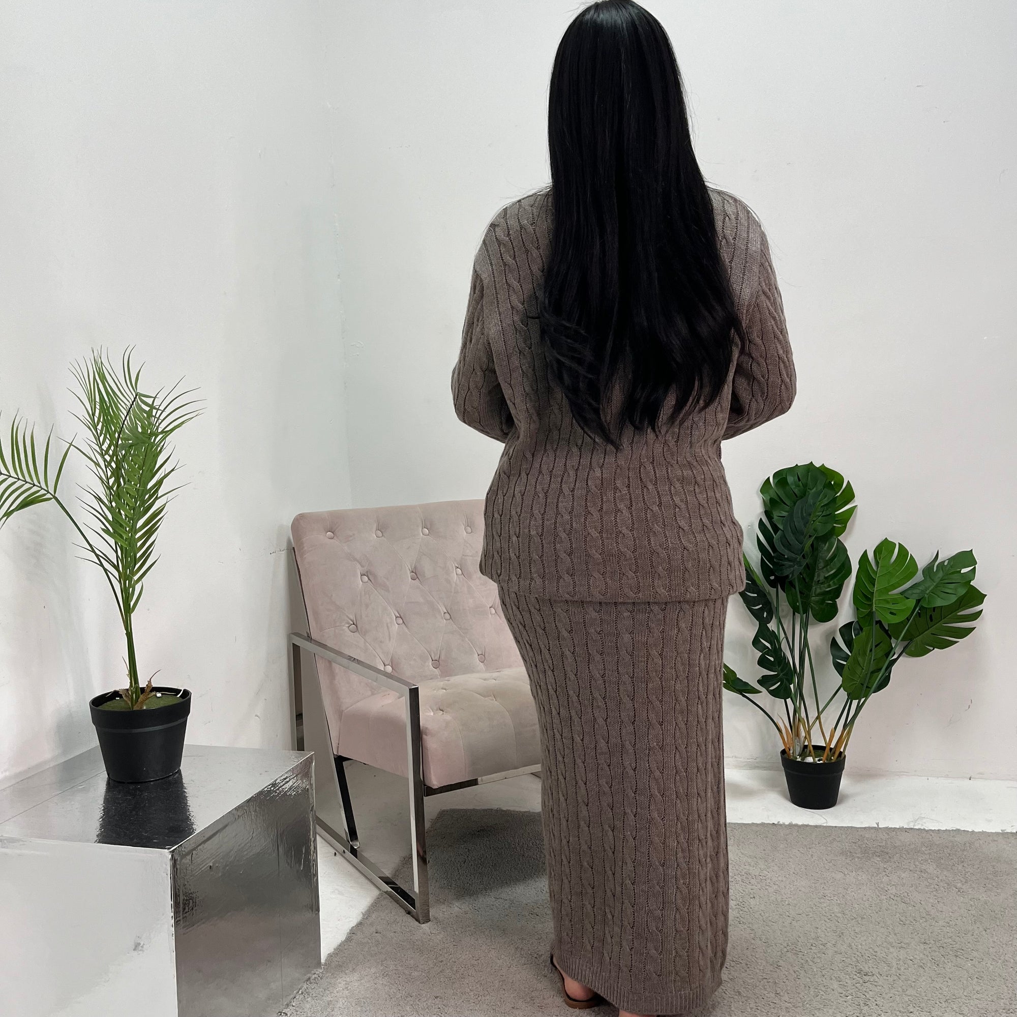 Akla Mocha Cable Knitted Skirt And Jumper Two Piece Set