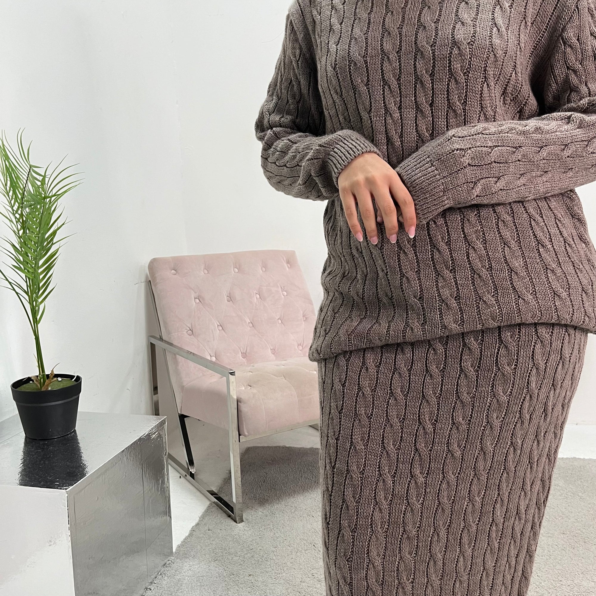 Akla Mocha Cable Knitted Skirt And Jumper Two Piece Set