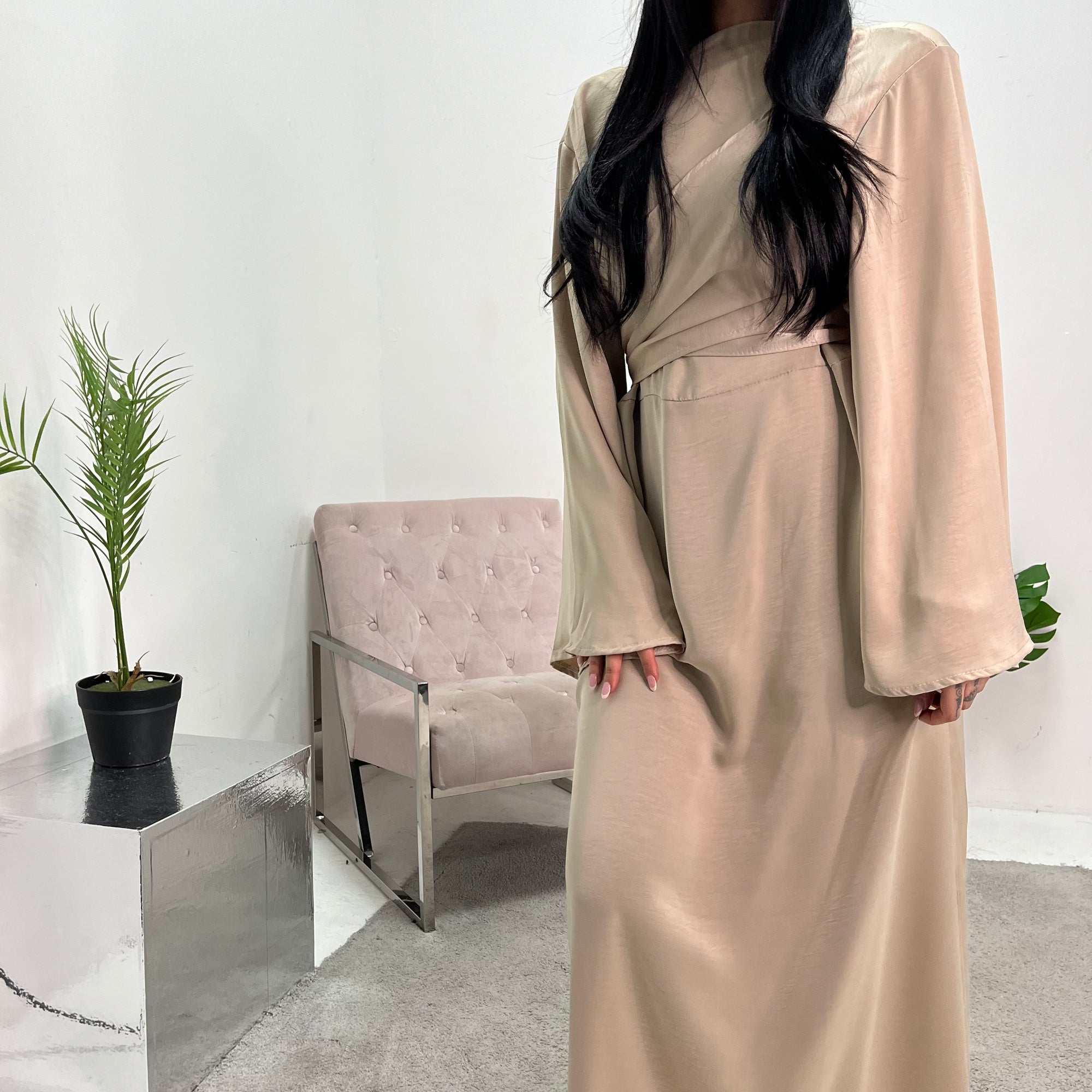 Laya Beige Wrap Detail Flare Sleeve Modest Dress