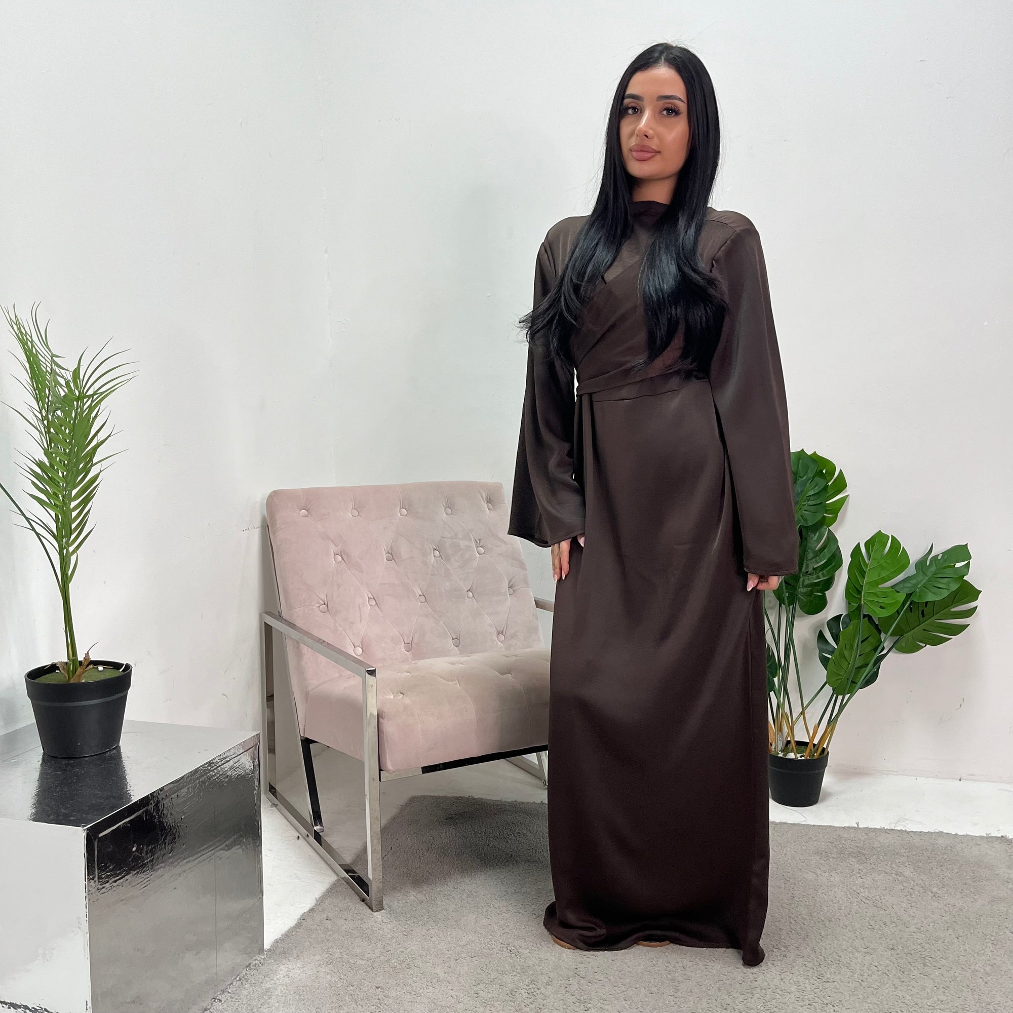 Laya Chocolate Wrap Detail Flare Sleeve Modest Dress House Of Haniya Laya Chocolate Wrap Detail Flare Sleeve Modest Dress House Of Haniya