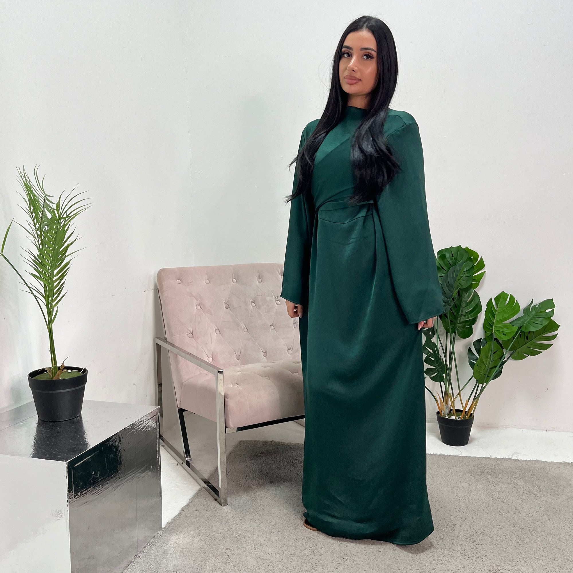 Laya Emerald Green Wrap Detail Flare Sleeve Modest Dress House Of Haniya Laya Emerald Green Wrap Detail Flare Sleeve Modest Dress House Of Haniya