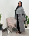 Alita Grey Long Button Jacket With Attached Scarf