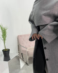 Alita Grey Long Button Jacket With Attached Scarf