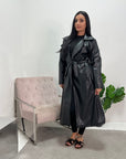 Kalara Black Fur Lined PU Leather Belted Trench Coat