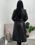 Kalara Black Fur Lined PU Leather Belted Trench Coat