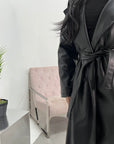 Kalara Black Fur Lined PU Leather Belted Trench Coat