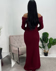 Fana Wine Long Sleeve Off Shoulder Dress