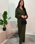 Mari Khaki V Neck Knit Sweater Dress