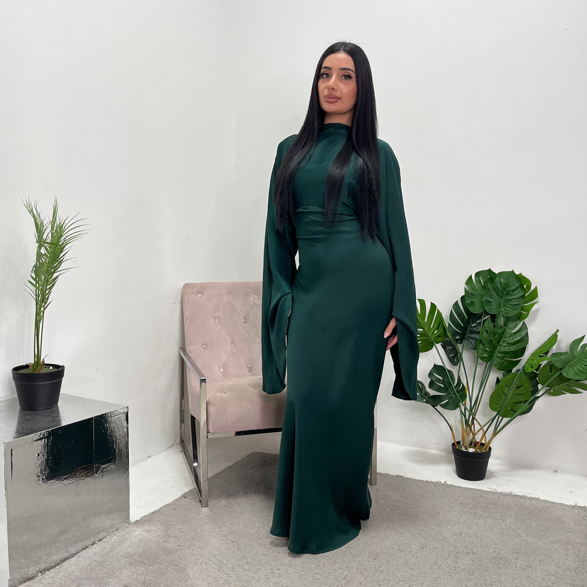 Una Emerald Green Satin Tie Back Frill Sleeve Modest Dress House Of Haniya Una Emerald Green Satin Tie Back Frill Sleeve Modest Dress House Of Haniya