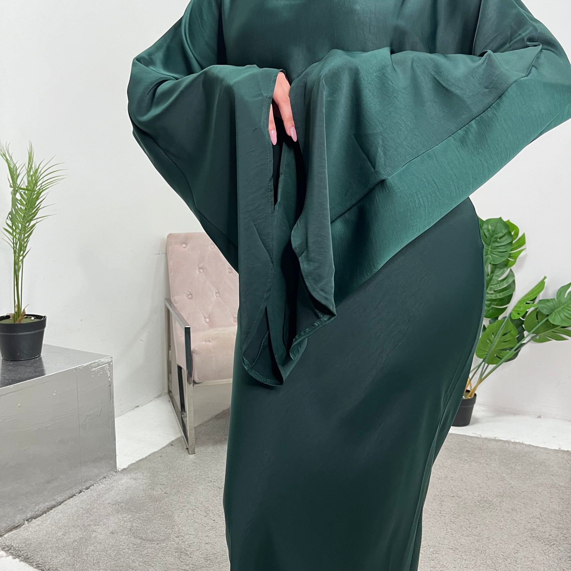 Una Emerald Green Satin Tie Back Frill Sleeve Modest Dress House Of Haniya Una Emerald Green Satin Tie Back Frill Sleeve Modest Dress House Of Haniya