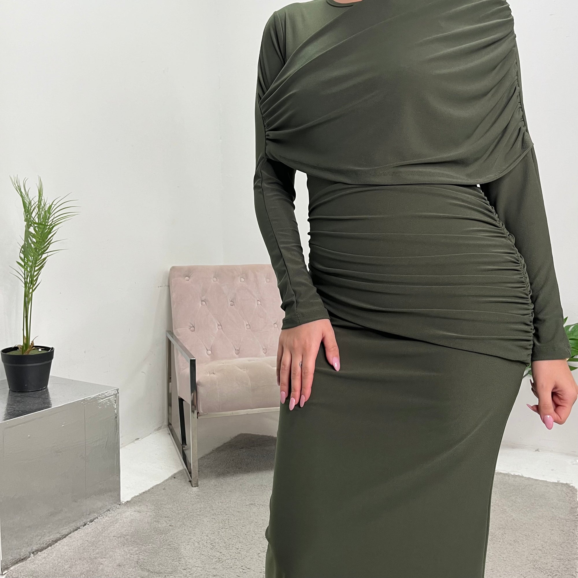khaki ruched dress Karen Millen Stretch Drapey Crepe Ruched Plunge Back Detail Midi Dress in Khaki