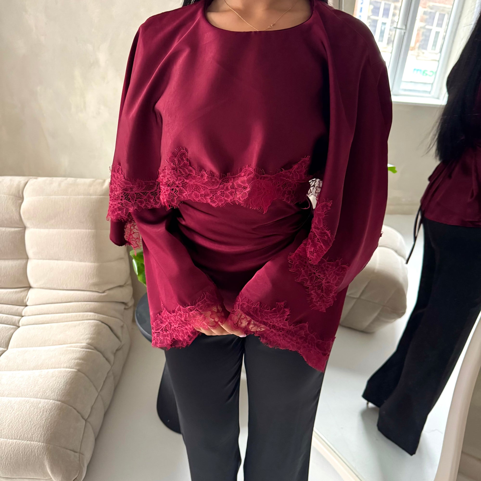 Siria Wine Lace Trim Cape Elegant Top