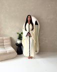 Sala Cream With Black Lace Detail V Neck Modest Kaftan Dress