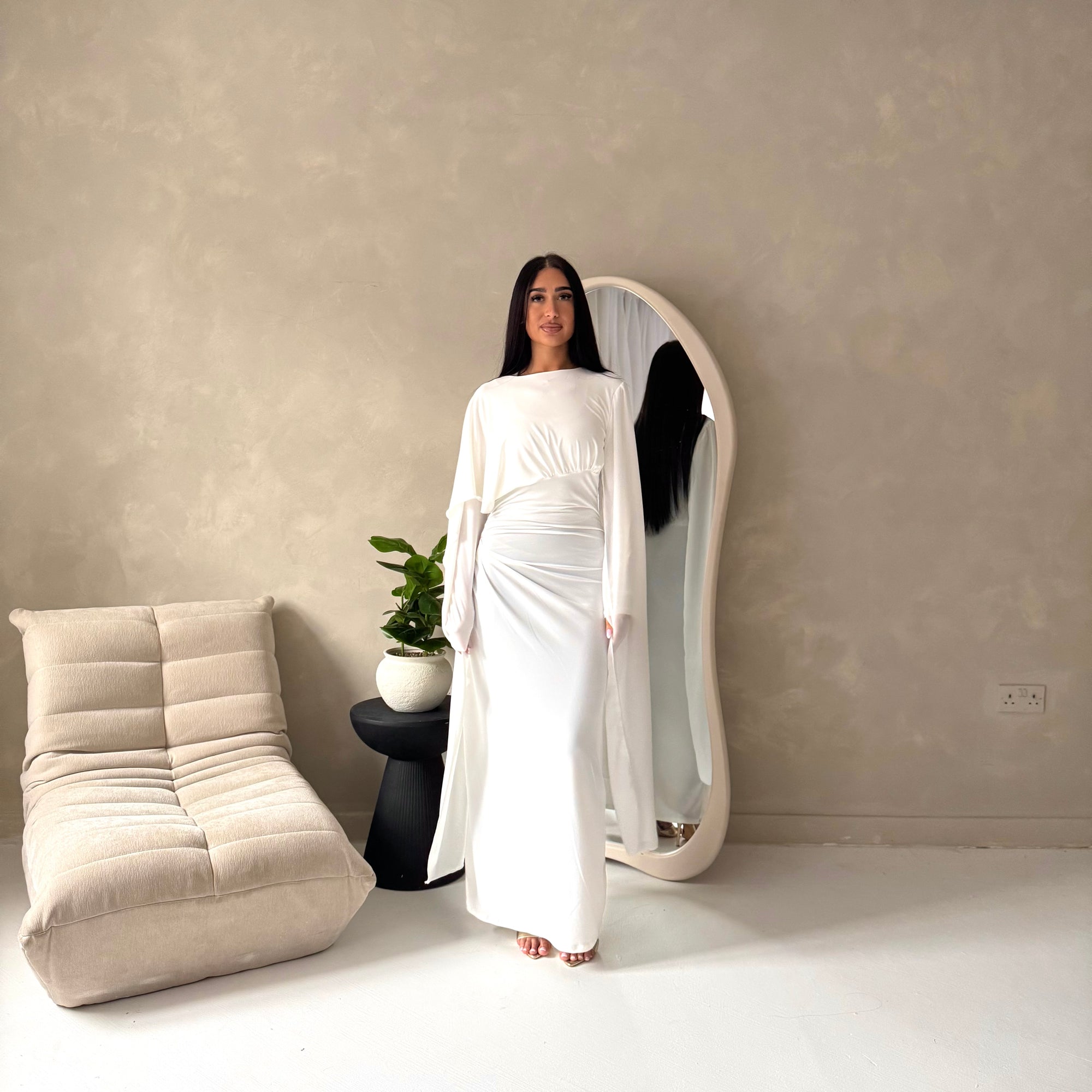 Nari White Plain Waist Ruched Sleeve Cape Dress