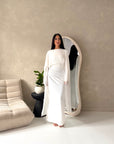 Nari White Plain Waist Ruched Sleeve Cape Dress