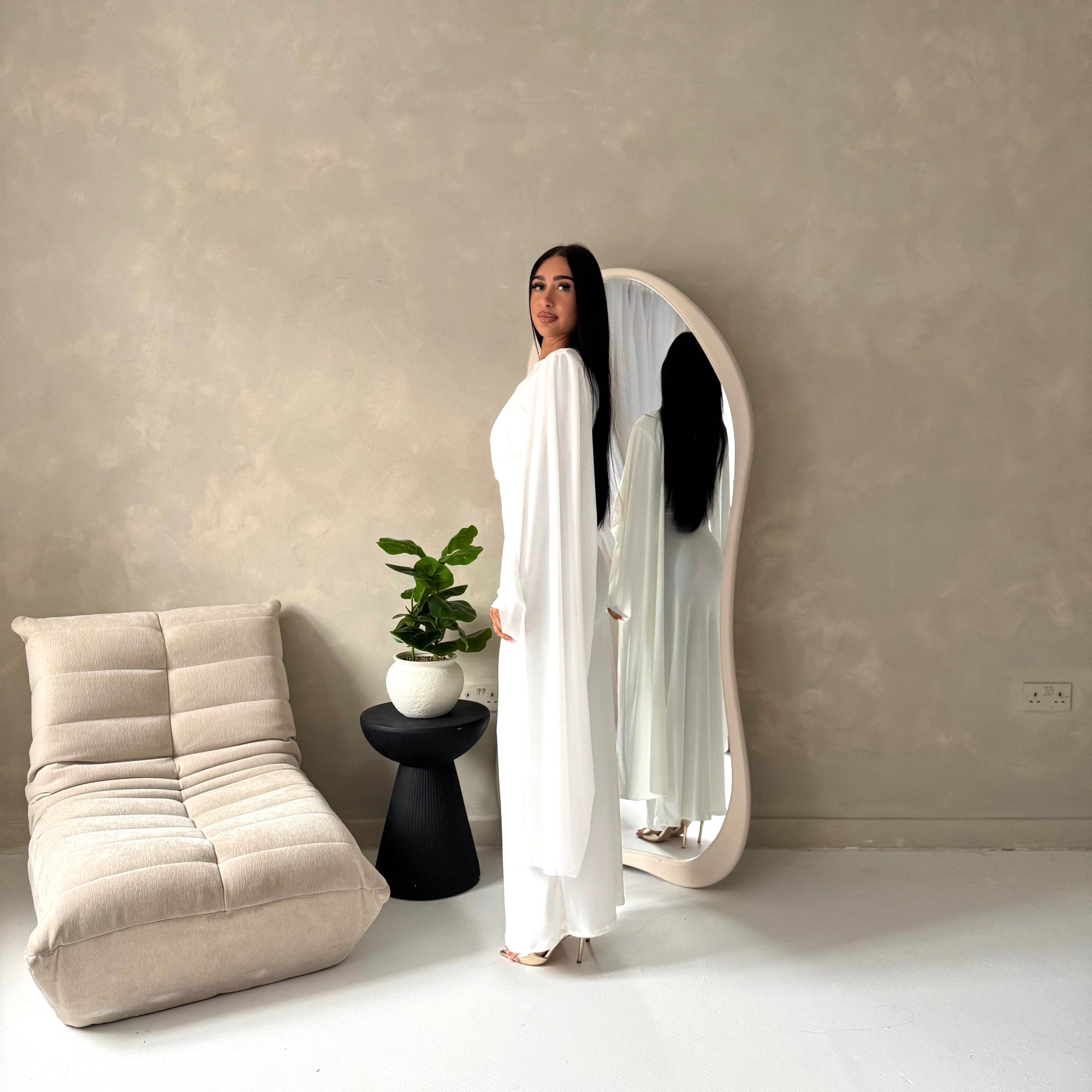 Nari White Plain Waist Ruched Sleeve Cape Dress