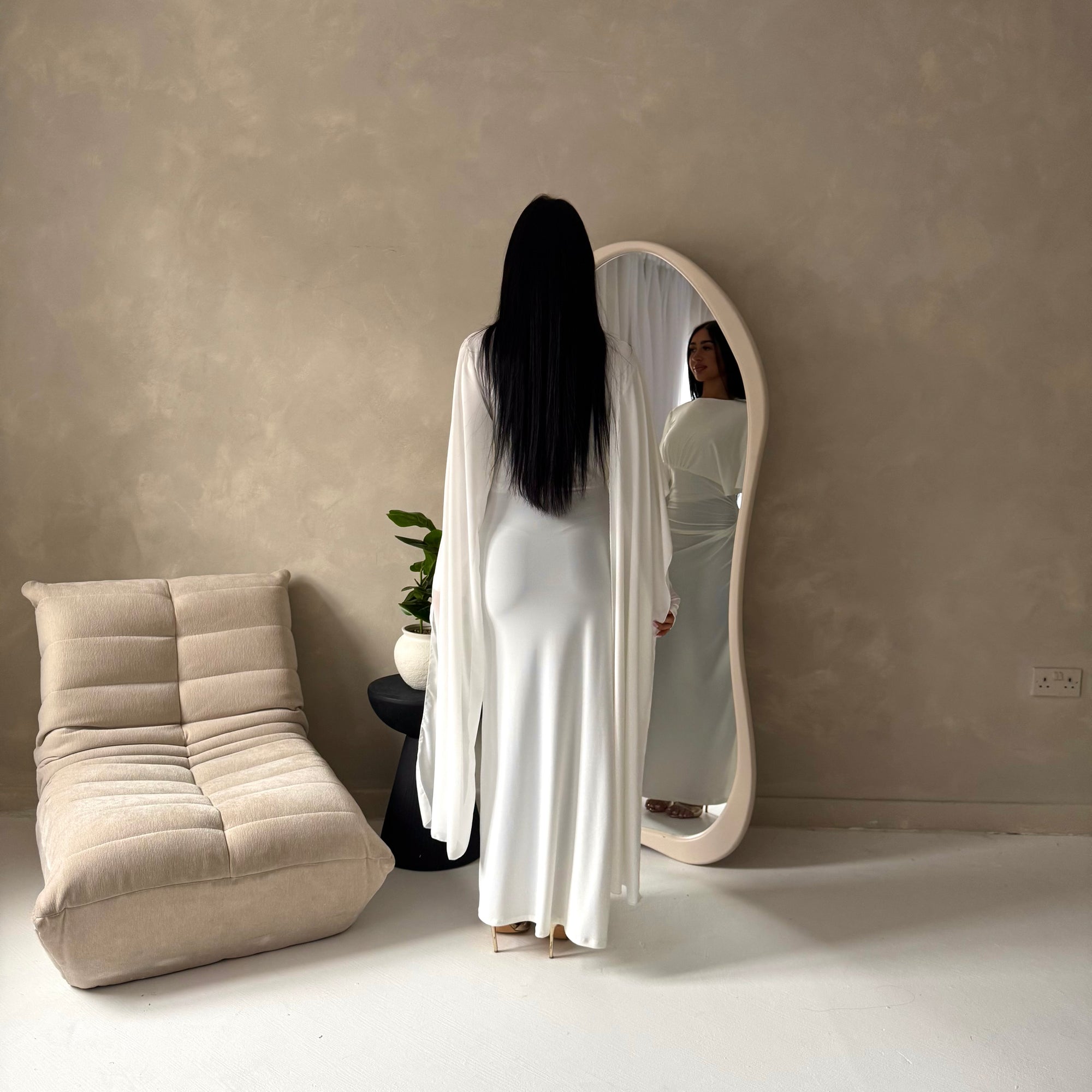 Nari White Plain Waist Ruched Sleeve Cape Dress