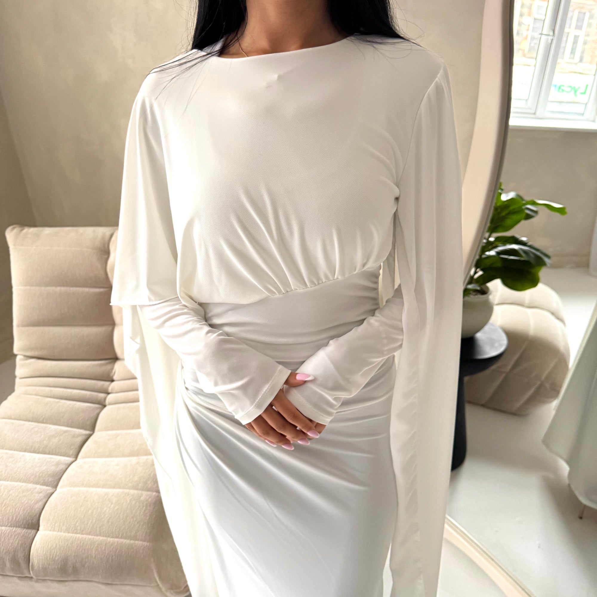 Nari White Plain Waist Ruched Sleeve Cape Dress