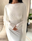 Nari White Plain Waist Ruched Sleeve Cape Dress