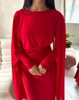 Nari Red Plain Waist Ruched Sleeve Cape Dress