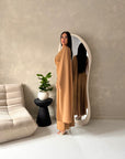 Nari Camel Plain Waist Ruched Sleeve Cape Dress