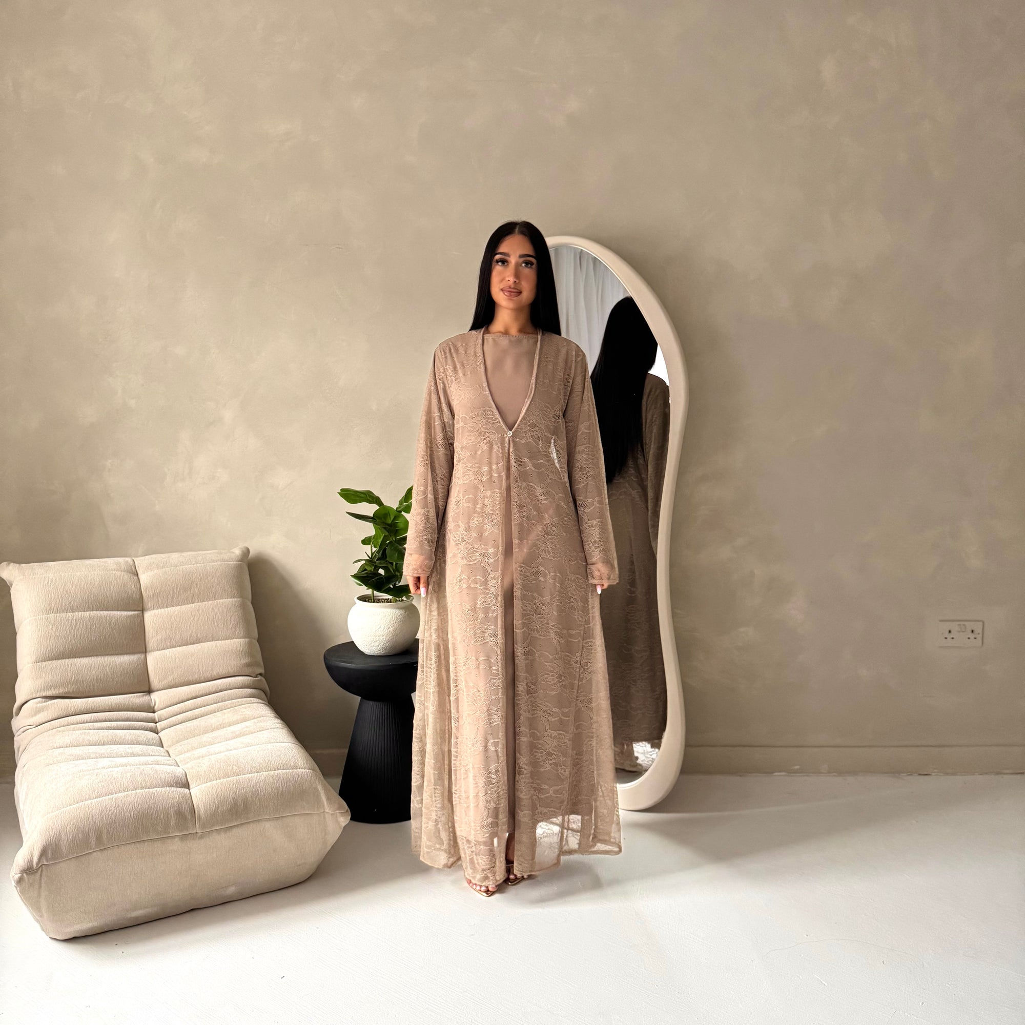 Fria Mocha Lace Abaya Modest 2pcs Set