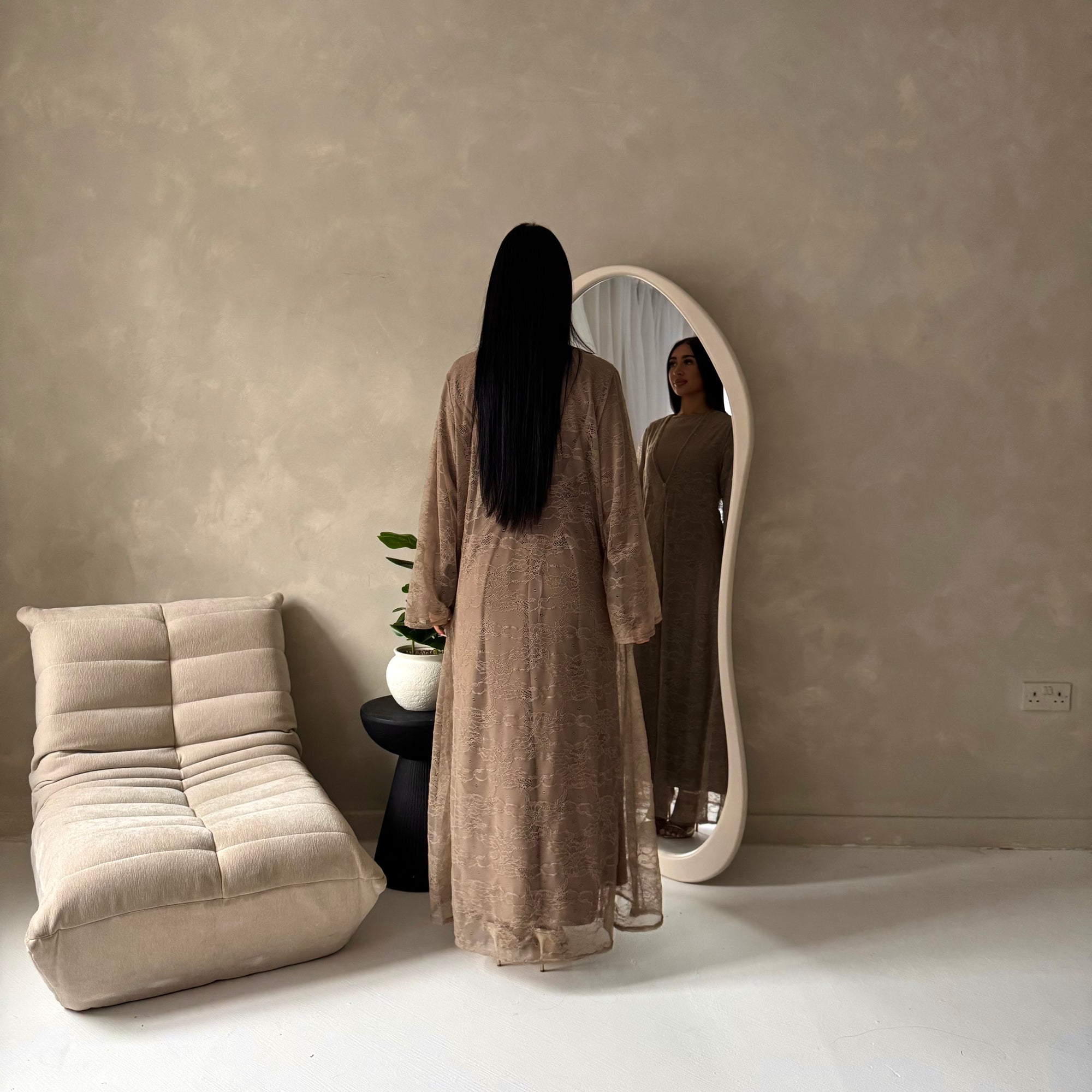 Fria Mocha Lace Abaya Modest 2pcs Set