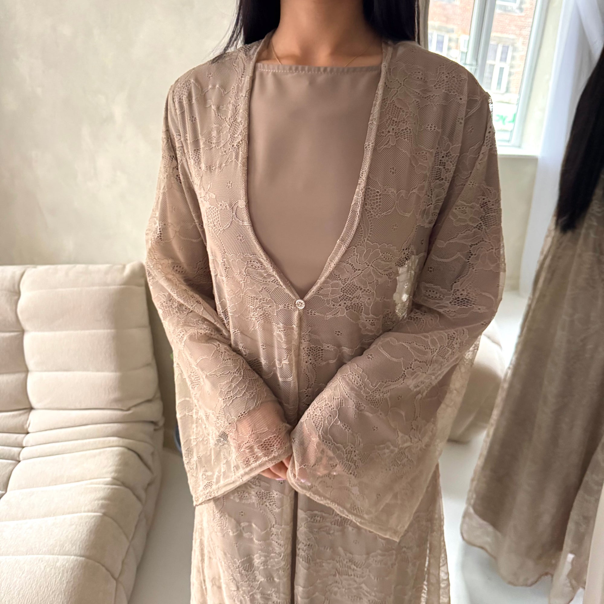 Fria Mocha Lace Abaya Modest 2pcs Set