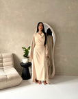 Vanity Beige Choker Cowl Neck Tie Back Kaftan Dress